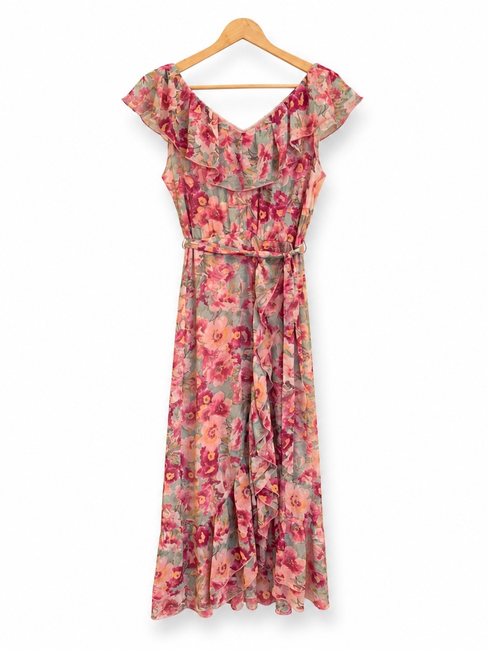 KATE LILY Floral Chiffon Maxi Dress Ruffle Neck Belted Garden Party